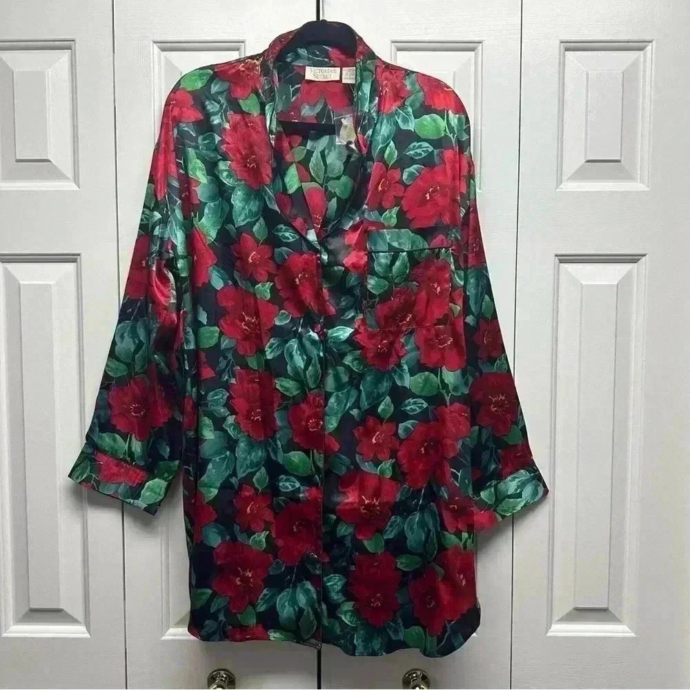 Vintage Victoria’s Secret Night Sleep Shirt NWT‎ Size L Holiday Floral Satin